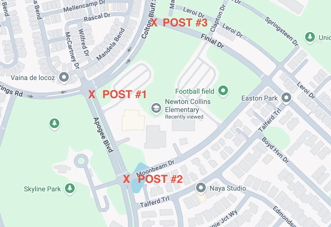 Map showing the three Newton Collins crossing guard post locations